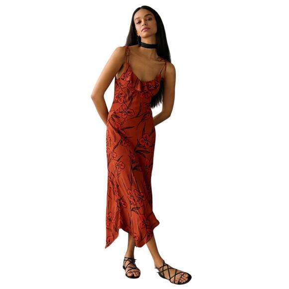 ANTHROPOLOGIE Women's Ruffled V-Neck Slip Dress Size L In Red